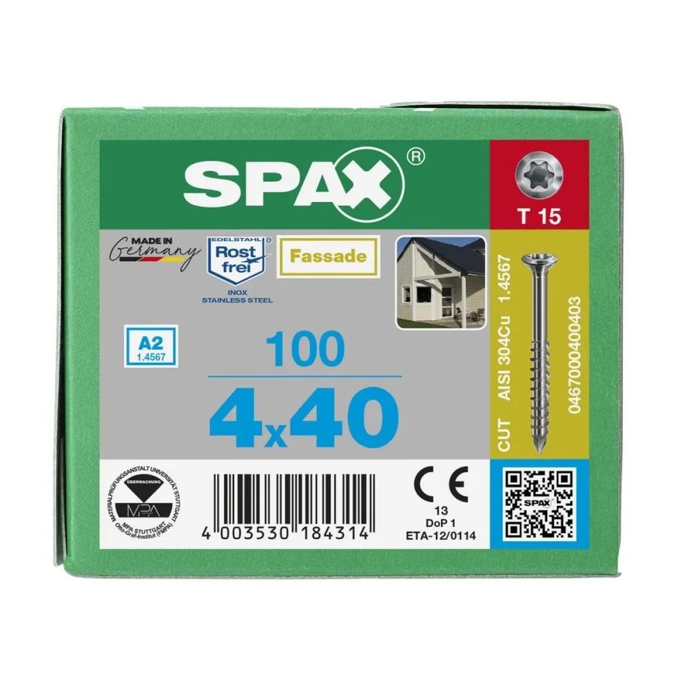 Spax T-Star Plus raised csk façade (sml hd) A2 stainless steel 4.0 x 40mm T15 - Image 1