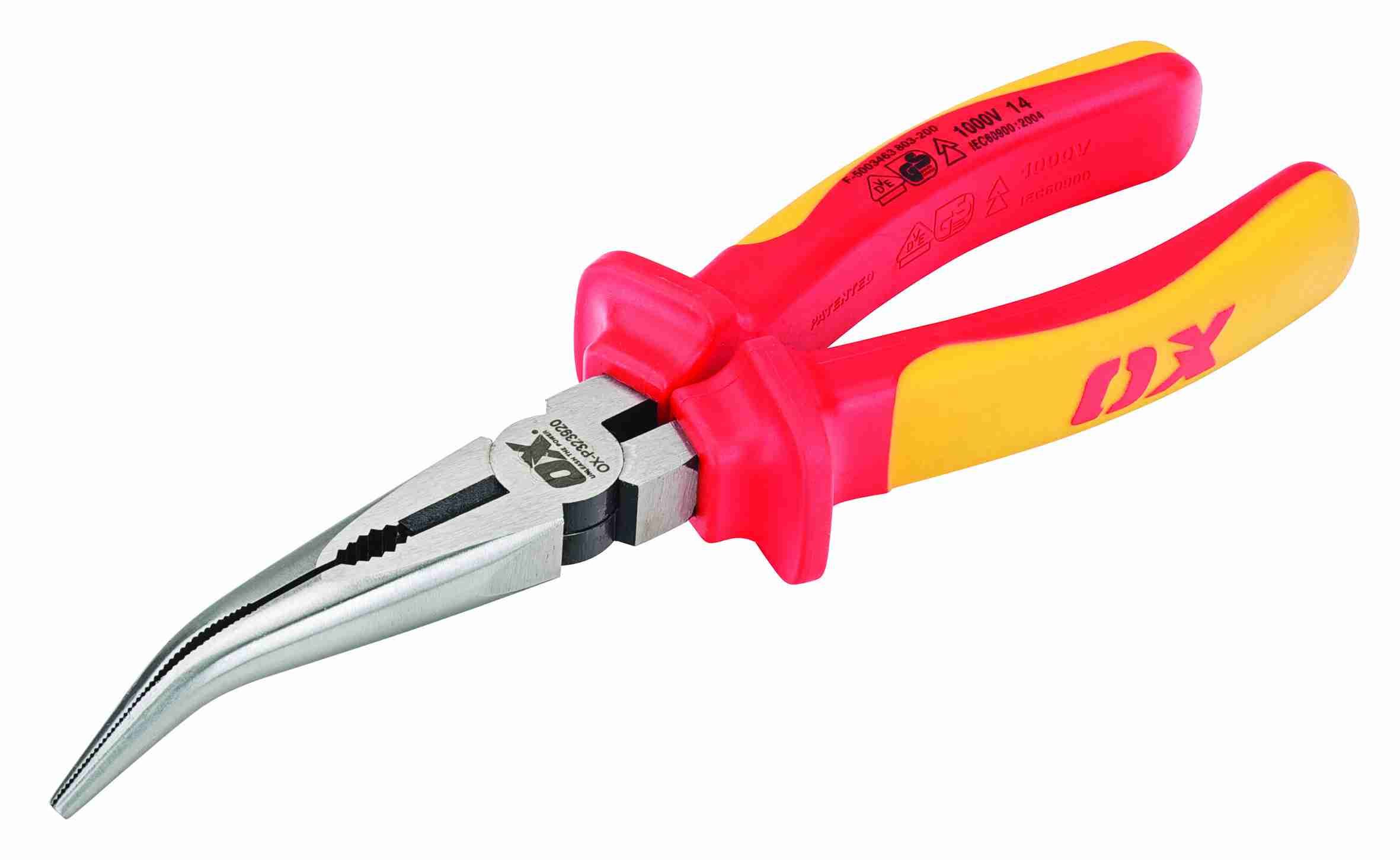 OX Pro VDE Bent Long Nose Pliers - 200mm (8") - Image 1
