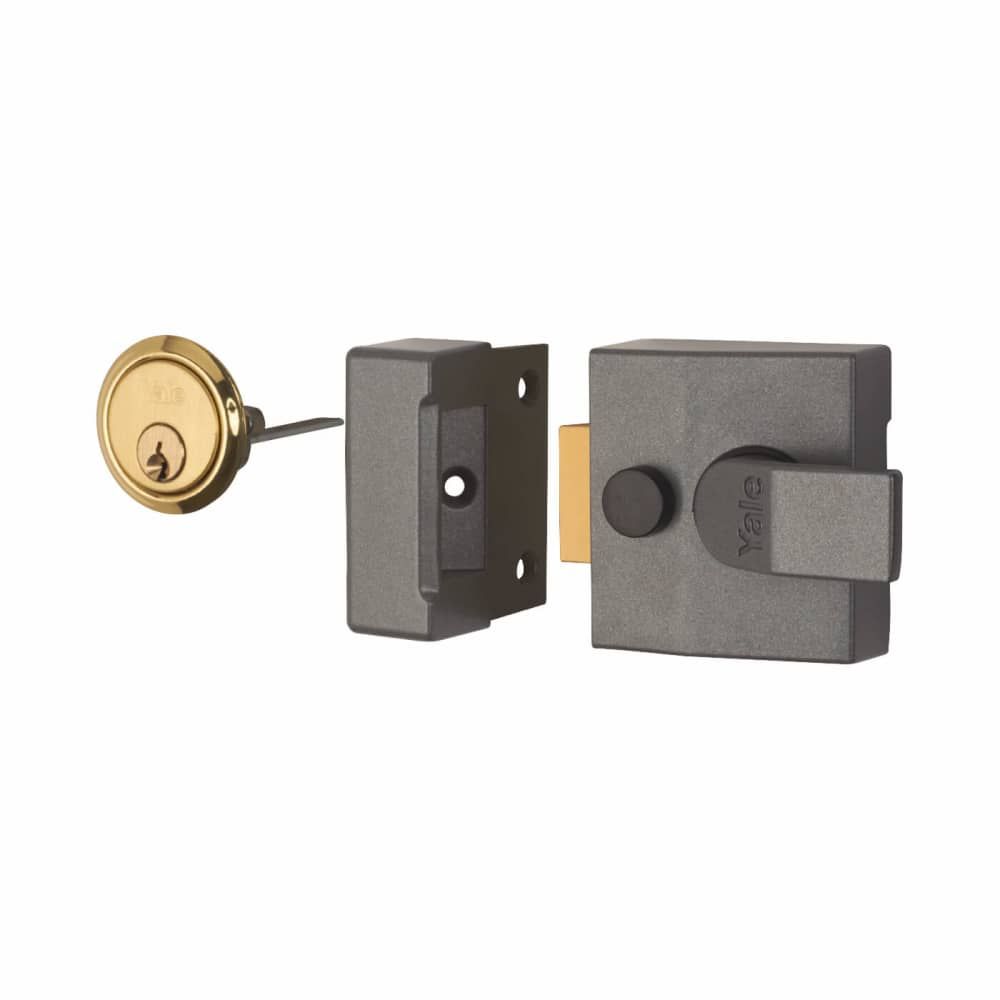 P85 Deadlocking Nightlatch Grey Case/Polished Brass Cylinder - Image 1