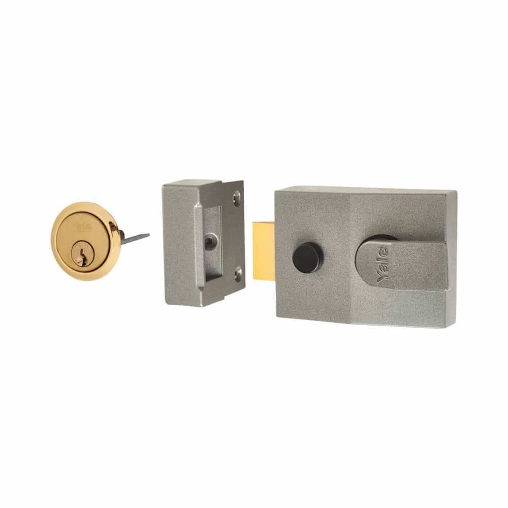 P89 Deadlocking Nightlatch Grey Case/Polished Brass Cylinder - Image 1